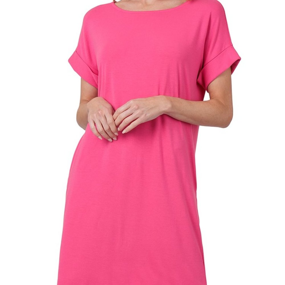 ROLLED SHORT SLEEVE ROUND NECK DRESS with pockets